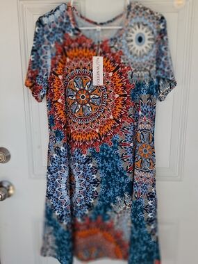 WNEEDU Geometric Mini Dress Blue & Red XL